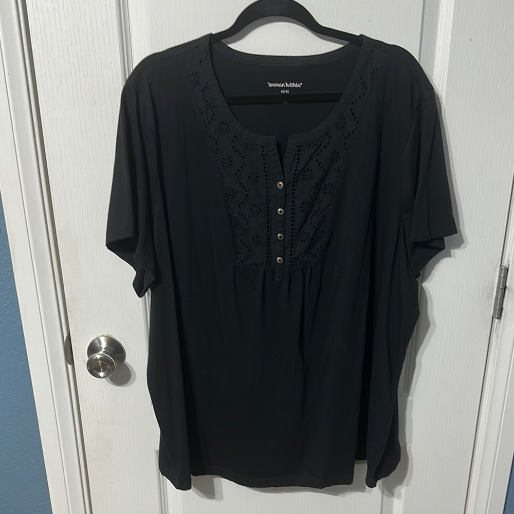 Woman Within Black Eyelet Button Top